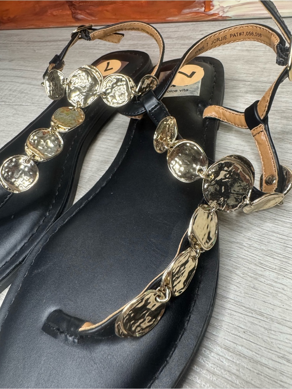 Dolce Vita Black Sandals with Gold Coin Embellishments
